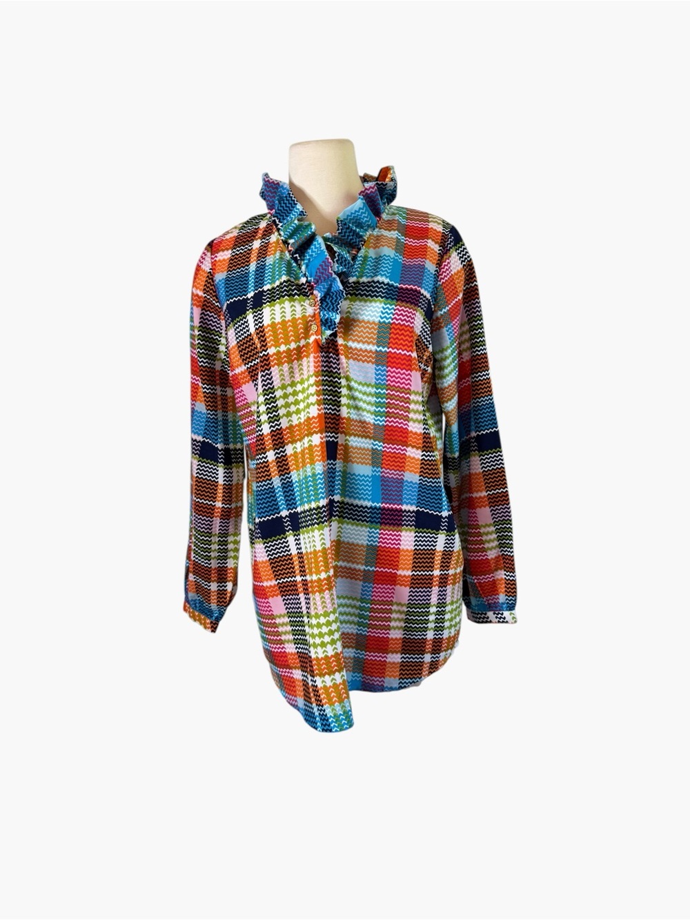Buckhead Betties' Multi-Color Plaid Ruffle Neck blouse